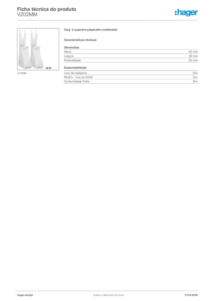 Imagem Hager Ficha técnica do produto VZ02MM | Hager Portugal