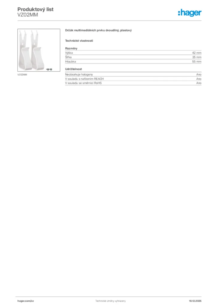 Obrázek Hager Produktový list VZ02MM | Hager