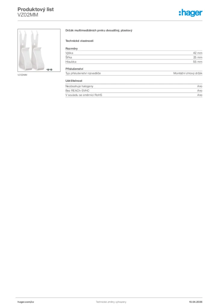 Obrázek Hager Product data sheet VZ02MM | Hager