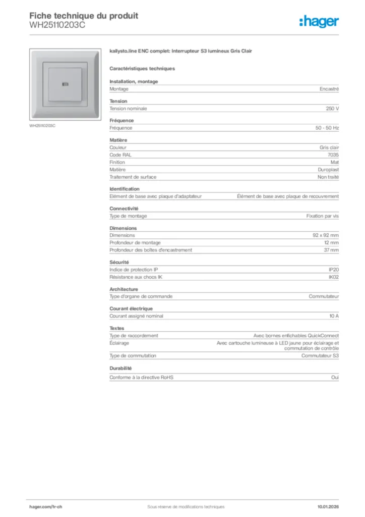Image Hager Fiche technique du produit WH25110203C | Hager Suisse