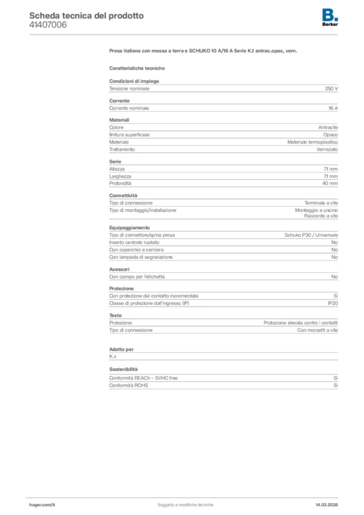 Immagine Berker Scheda tecnica del prodotto 41407006 | Hager Italia
