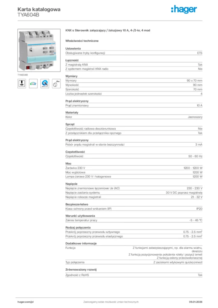 Zdjęcie Hager Karta katalogowa TYA604B | Hager Polska