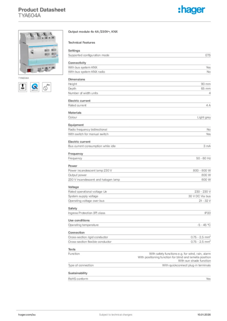 Image Hager Product data sheet TYA604A  | Hager Australia