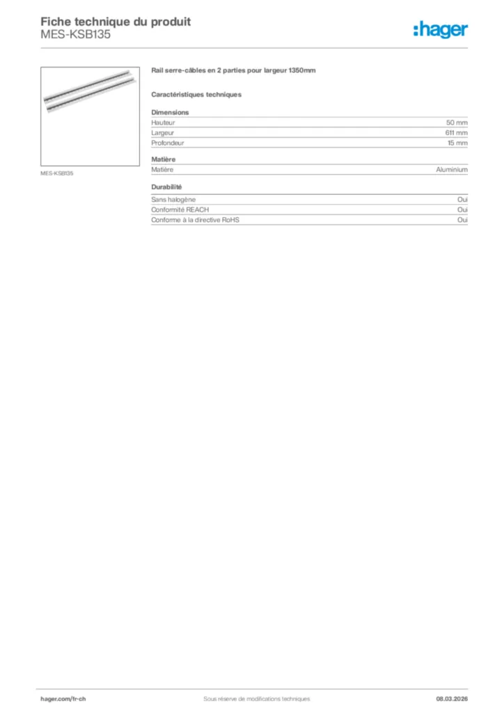 Image Hager Fiche technique du produit MES-KSB135 | Hager Suisse