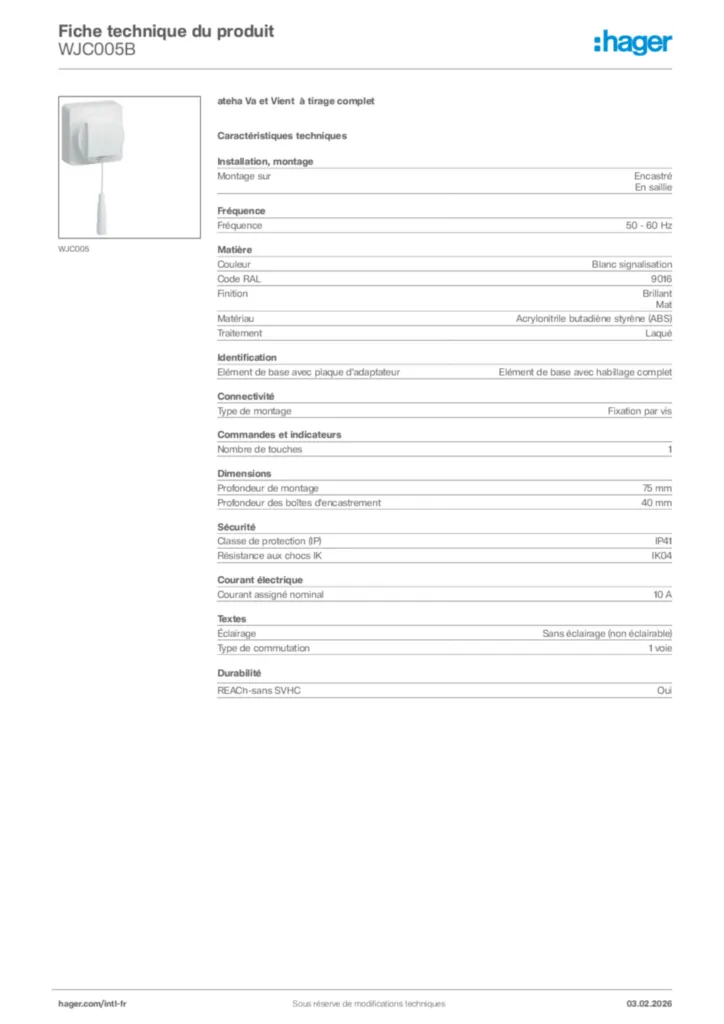 Image Hager Fiche technique du produit WJC005B | Hager Afrique