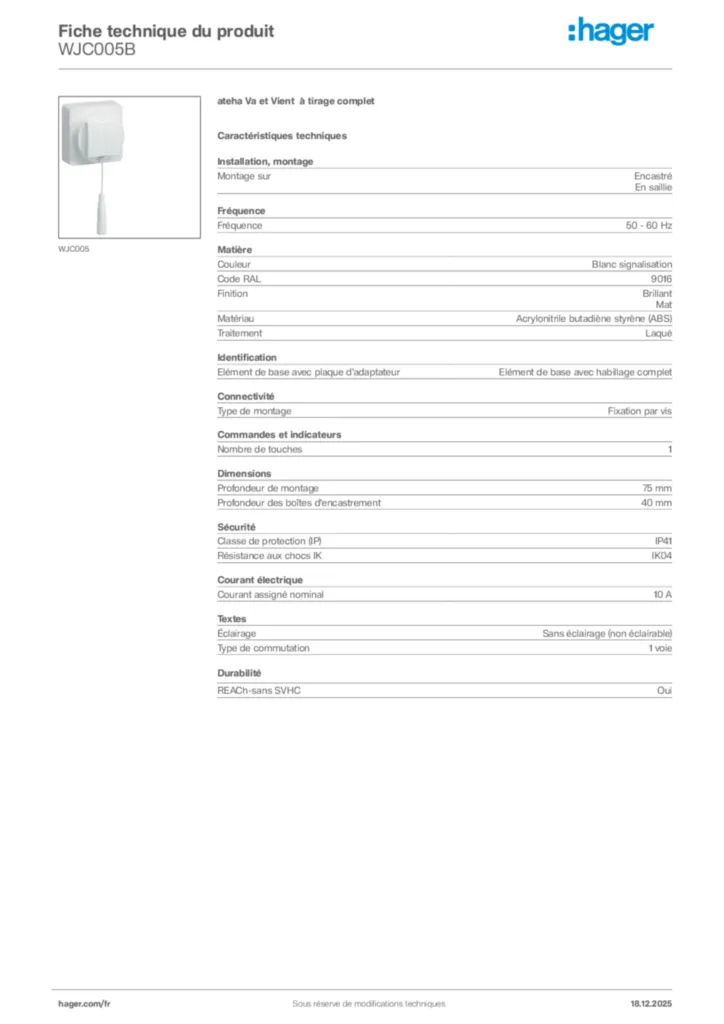 Image Hager Fiche technique du produit WJC005B | Hager France