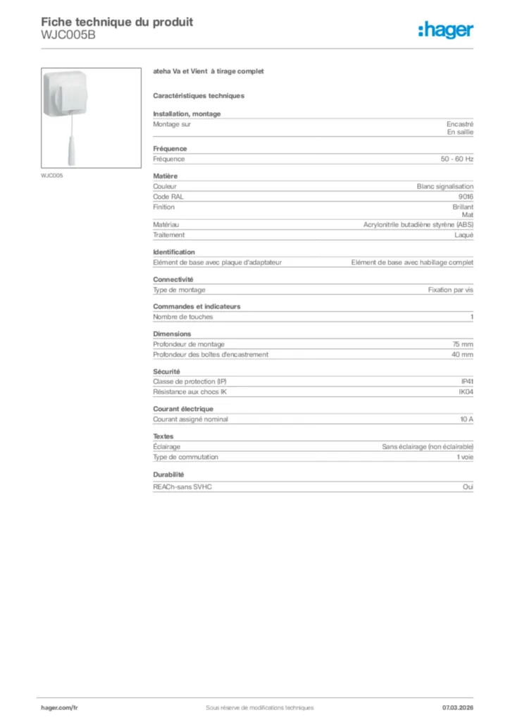 Image Hager Fiche technique du produit WJC005B | Hager France