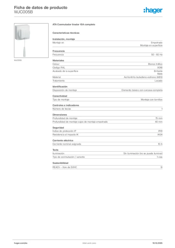 Imagen Hager Ficha de datos de producto WJC005B | Hager España