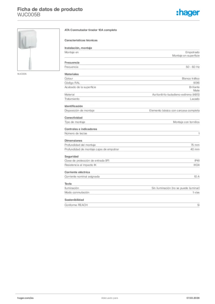 Imagen Hager Ficha de datos de producto WJC005B | Hager España