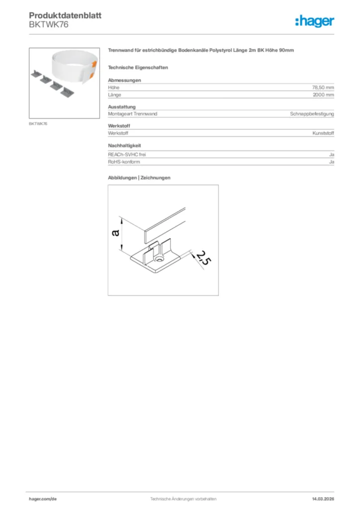 Bild Hager Produktdatenblatt BKTWK76 | Hager Deutschland