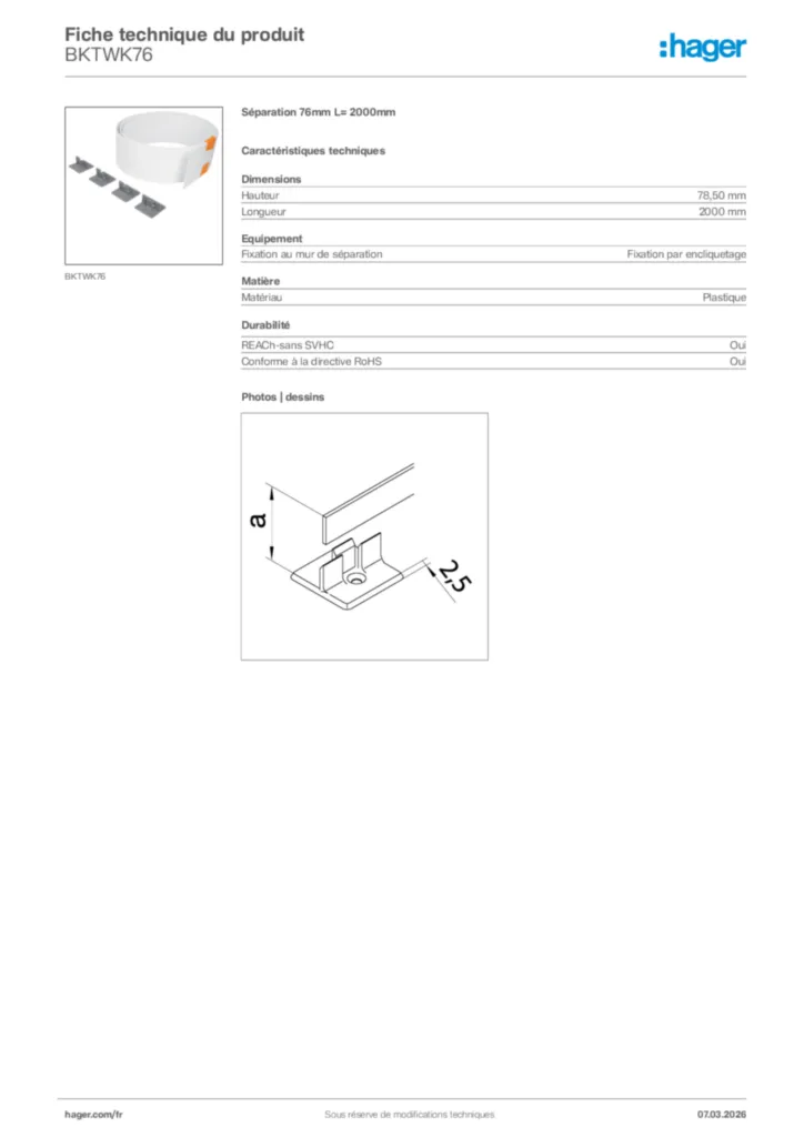 Image Hager Fiche technique du produit BKTWK76 | Hager France