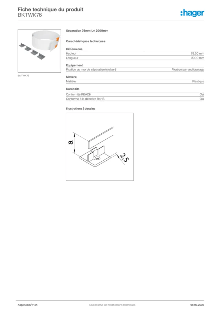 Image Hager Fiche technique du produit BKTWK76 | Hager Suisse