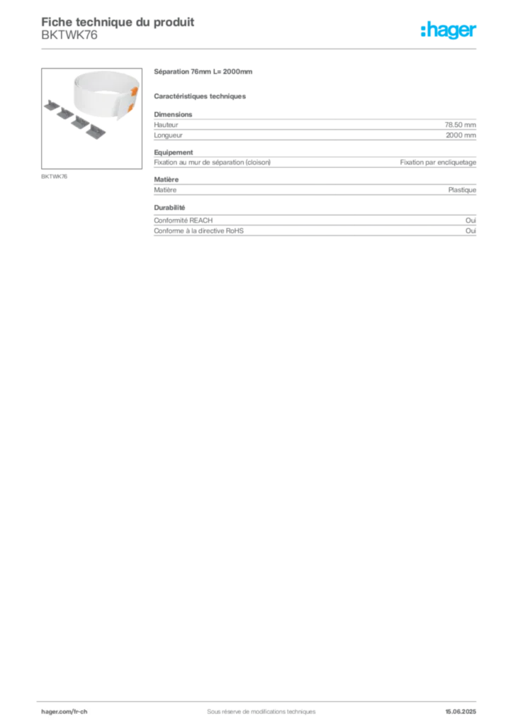 Image Hager Fiche technique du produit BKTWK76 | Hager Suisse