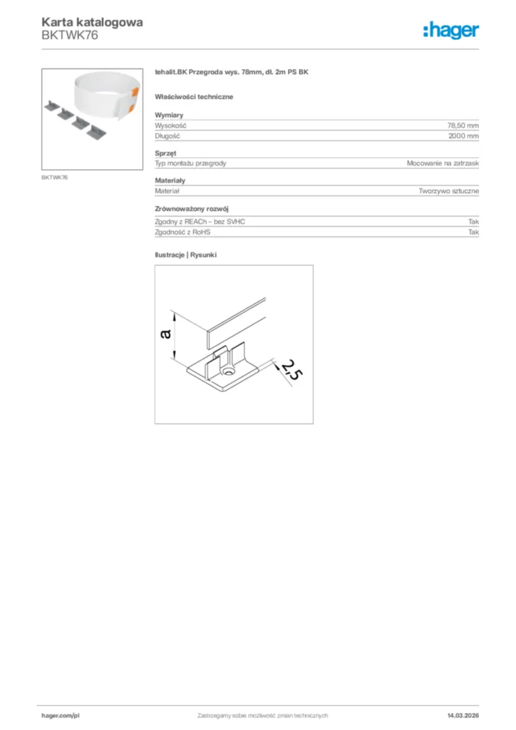 Zdjęcie Hager Karta katalogowa BKTWK76 | Hager Polska