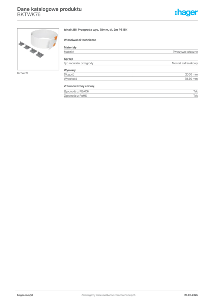 Zdjęcie Hager Karta katalogowa BKTWK76 | Hager Polska