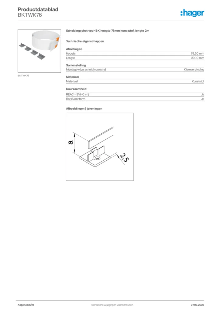 Afbeelding Hager Productdatablad BKTWK76 | Hager Nederland