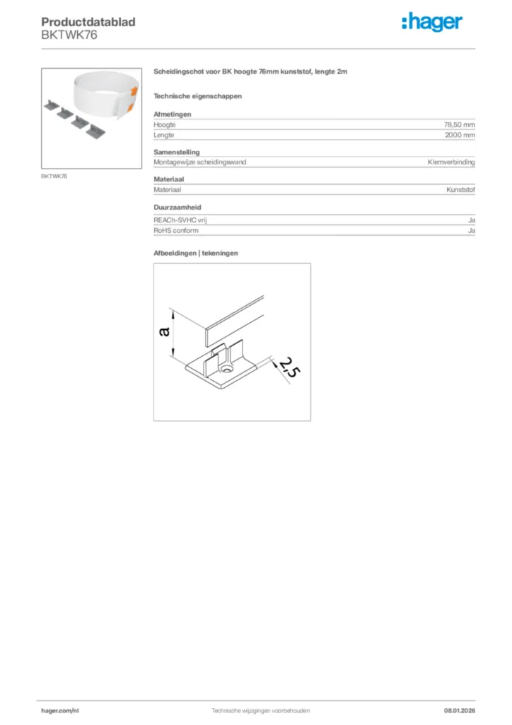 Afbeelding Hager Productdatablad BKTWK76 | Hager Nederland