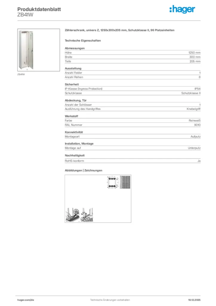 Bild Hager Produktdatenblatt ZB41W | Hager Deutschland