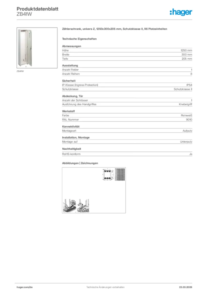 Bild Hager Produktdatenblatt ZB41W | Hager Deutschland