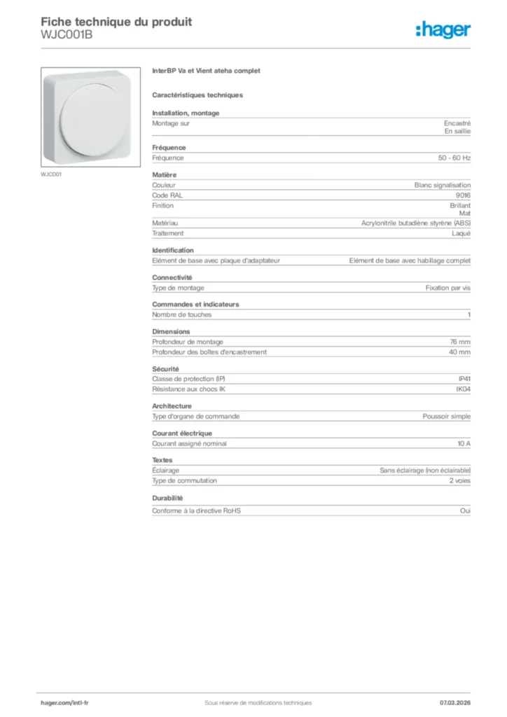 Image Hager Fiche technique du produit WJC001B | Hager Afrique