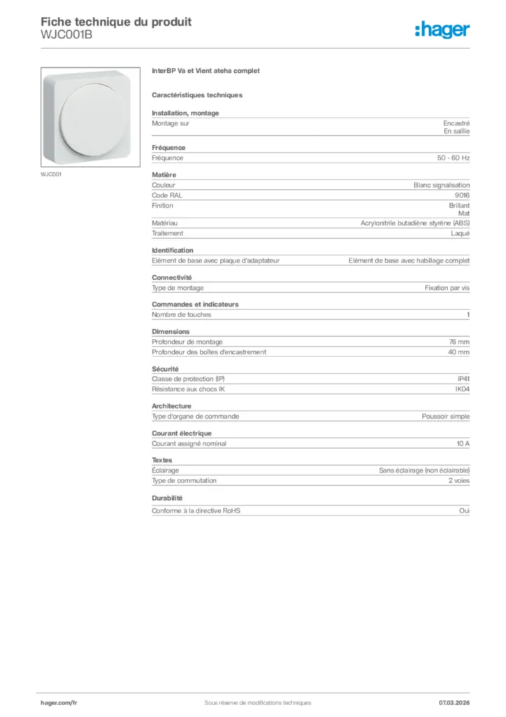 Image Hager Fiche technique du produit WJC001B | Hager France