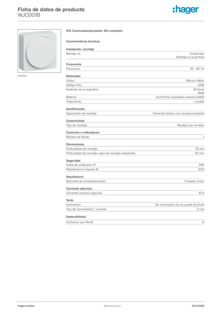 Imagen Hager Ficha de datos de producto WJC001B | Hager España