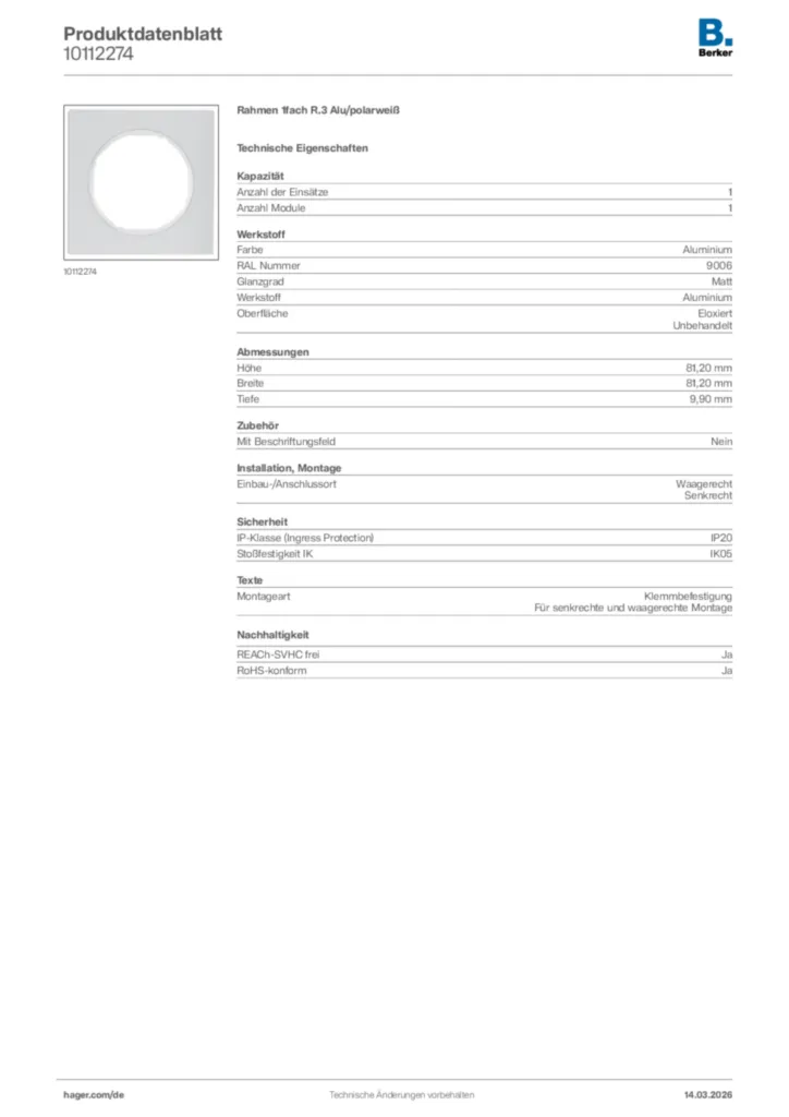 Bild Berker Produktdatenblatt 10112274 | Hager Deutschland