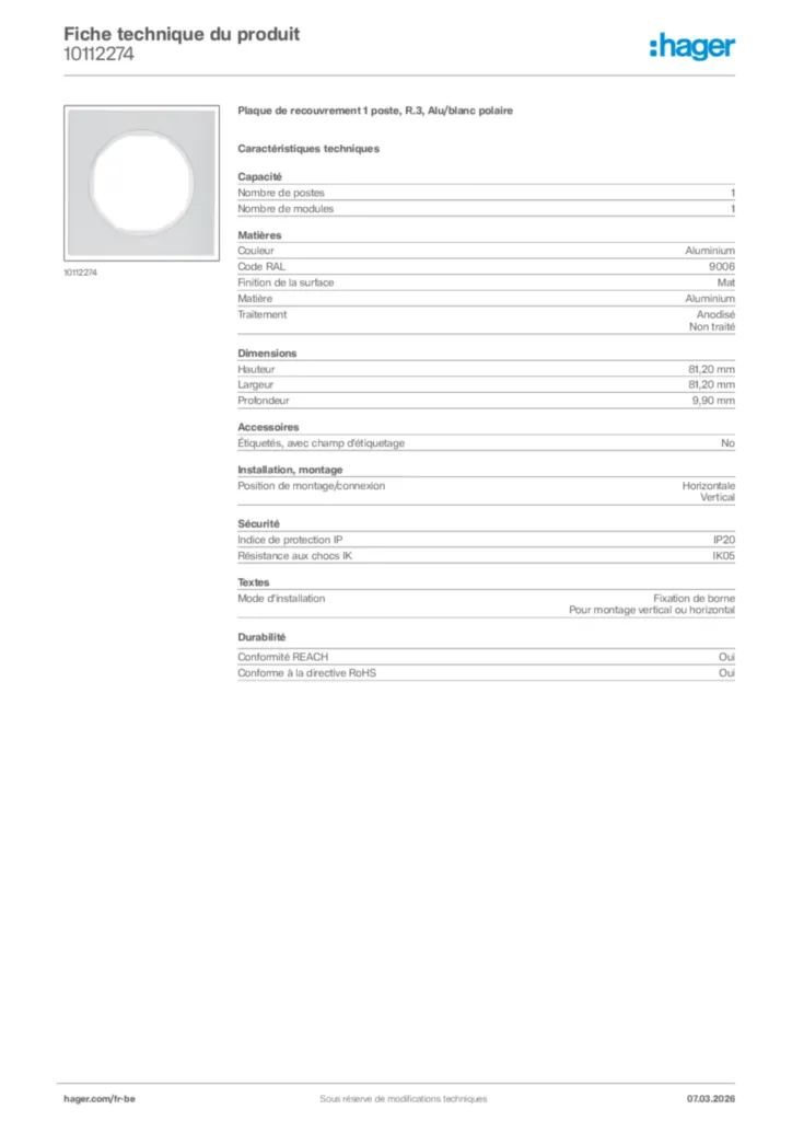 Image Hager Fiche technique du produit 10112274 | Hager Belgique