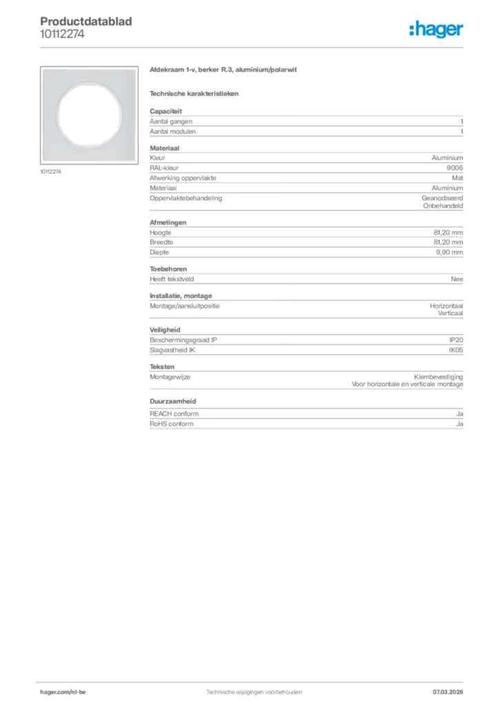Afbeelding Hager Productdatablad 10112274 | Hager Belgium