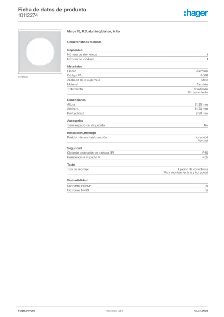 Imagen Hager Ficha de datos de producto 10112274 | Hager España