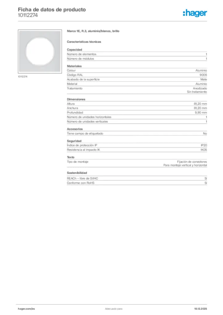 Imagen Hager Ficha de datos de producto 10112274 | Hager España