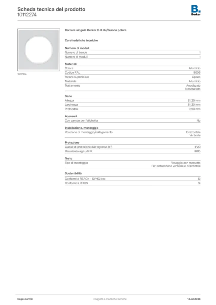 Immagine Berker Scheda tecnica del prodotto 10112274 | Hager Italia