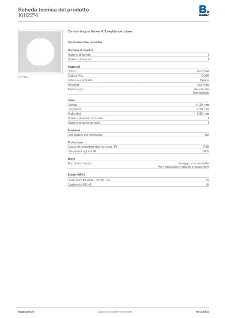 Immagine Berker Scheda tecnica del prodotto 10112274 | Hager Italia