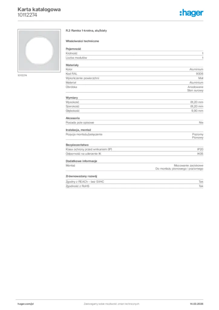 Zdjęcie Hager Karta katalogowa 10112274 | Hager Polska