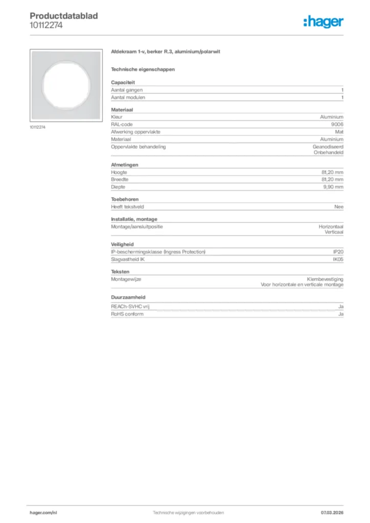 Afbeelding Hager Productdatablad 10112274 | Hager Nederland