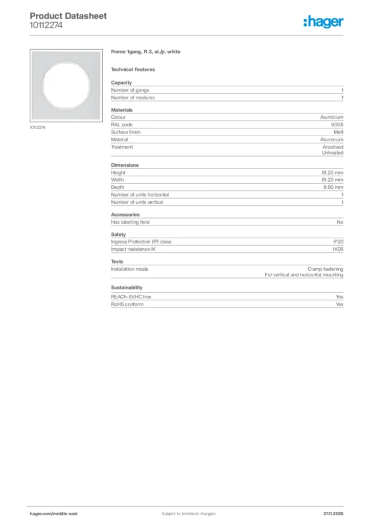 Image Hager Product data sheet 10112274  | Hager