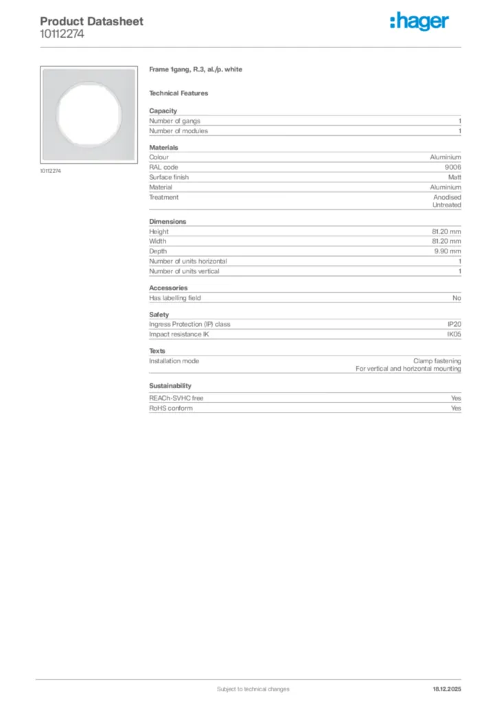 Image Hager Product data sheet 10112274  | Hager