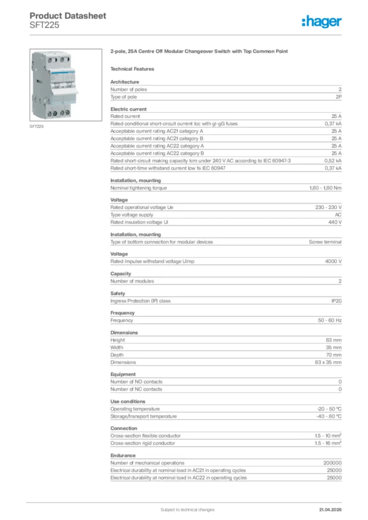 Image Hager Product data sheet SFT225  | Hager
