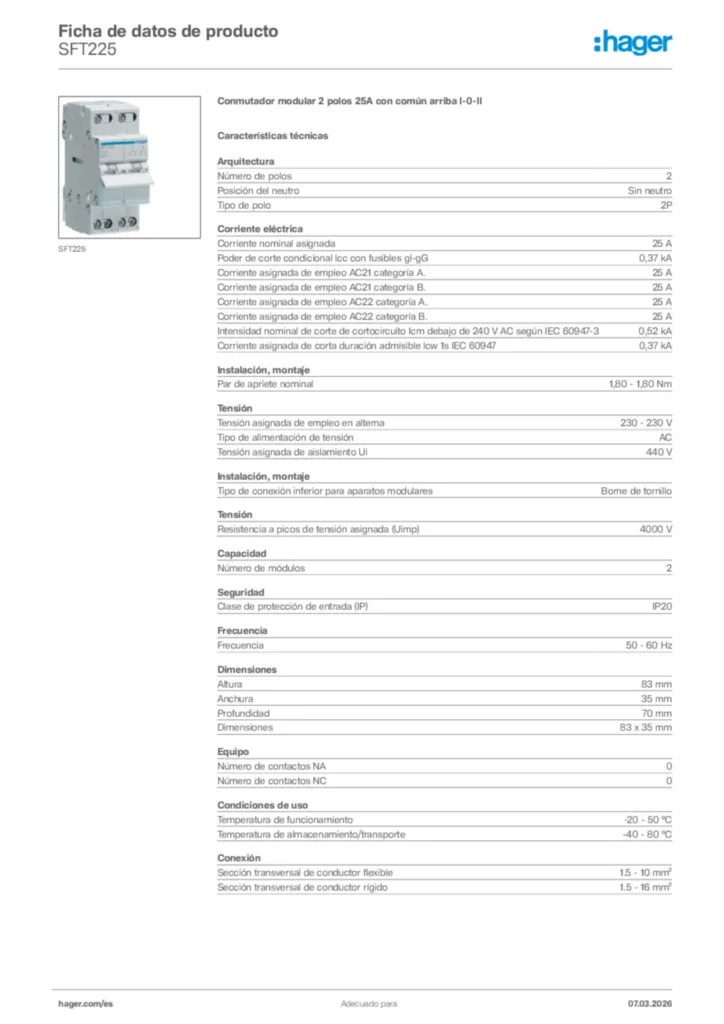 Imagen Hager Ficha de datos de producto SFT225 | Hager España
