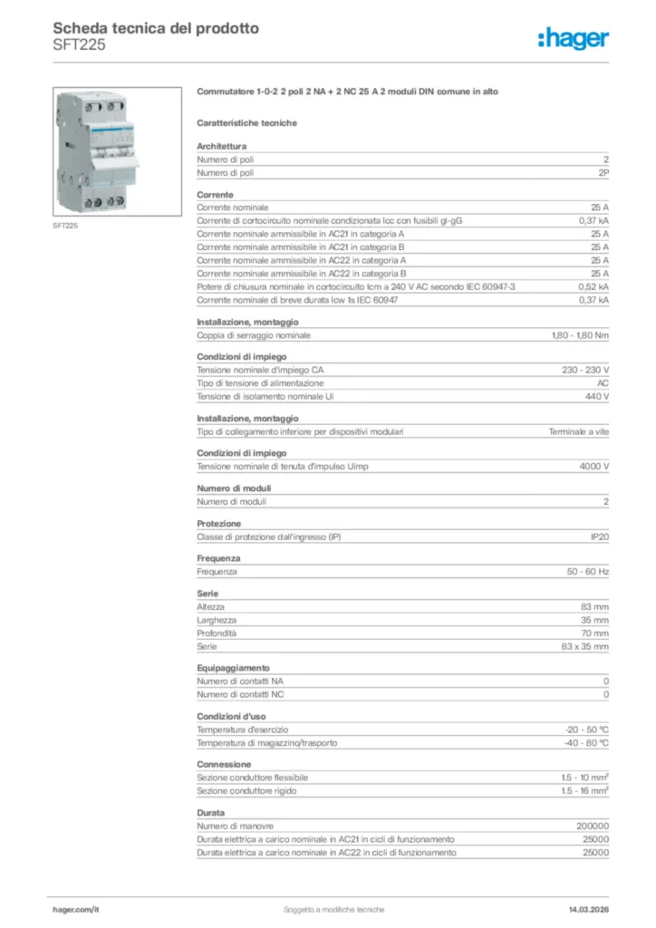 Immagine Hager Scheda tecnica del prodotto SFT225 | Hager Italia