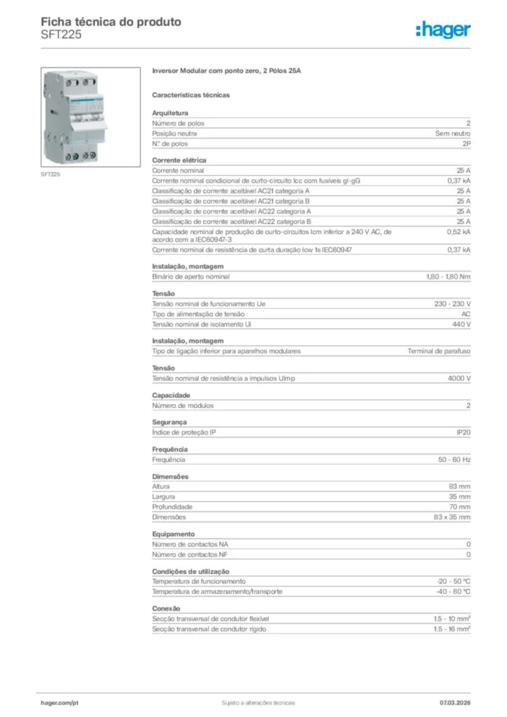 Imagem Hager Ficha técnica do produto SFT225 | Hager Portugal