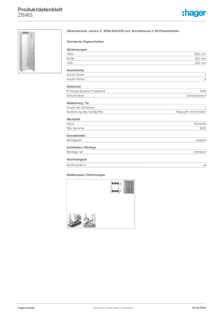 Bild Hager Produktdatenblatt ZB41S | Hager Deutschland