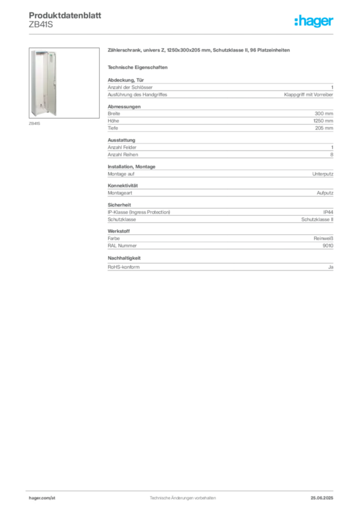 Bild Hager Produktdatenblatt ZB41S | Hager Deutschland