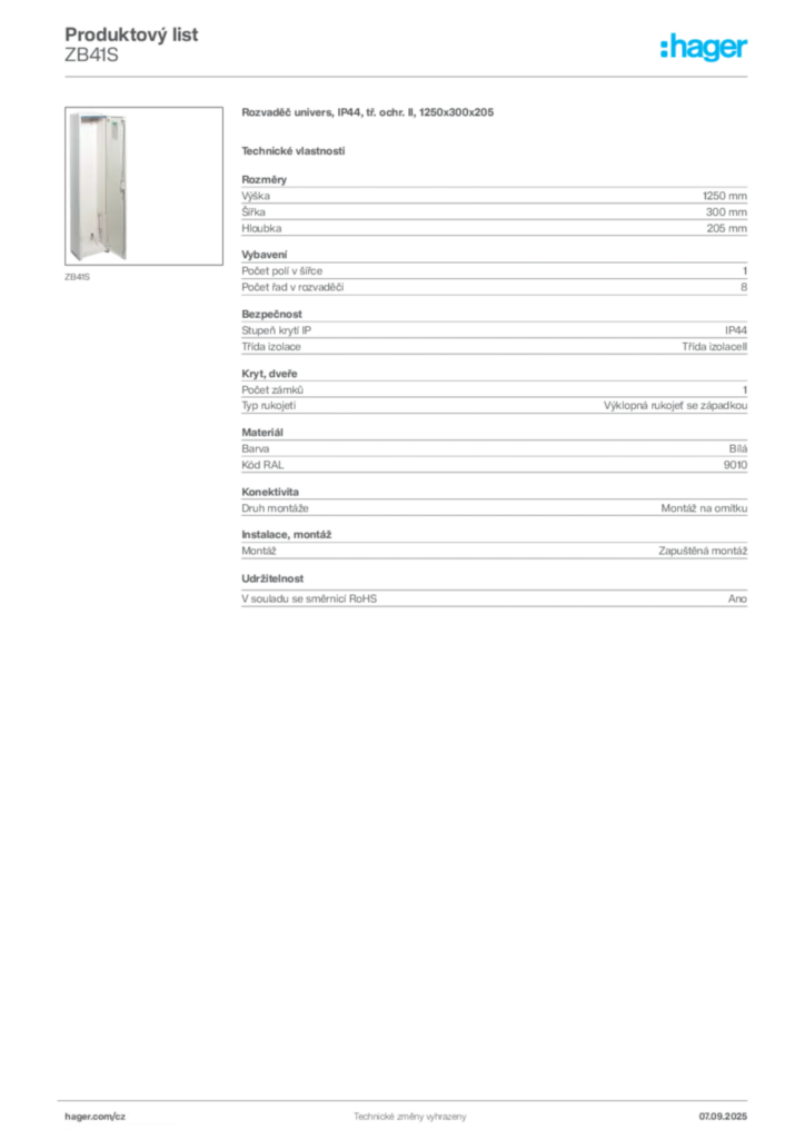 Obrázek Hager Produktový list ZB41S | Hager