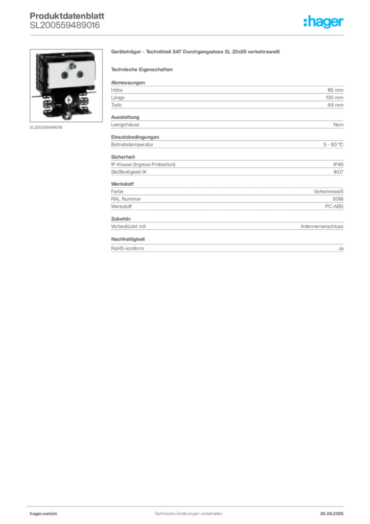 Bild Hager Produktdatenblatt SL200559489016 | Hager Deutschland