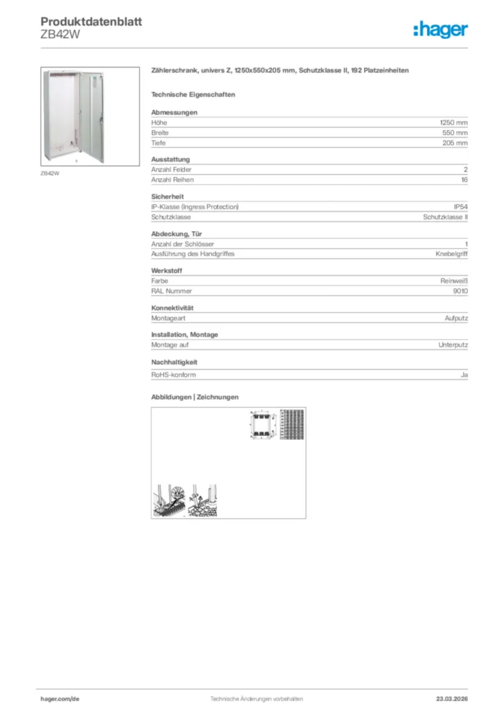 Bild Hager Produktdatenblatt ZB42W | Hager Deutschland