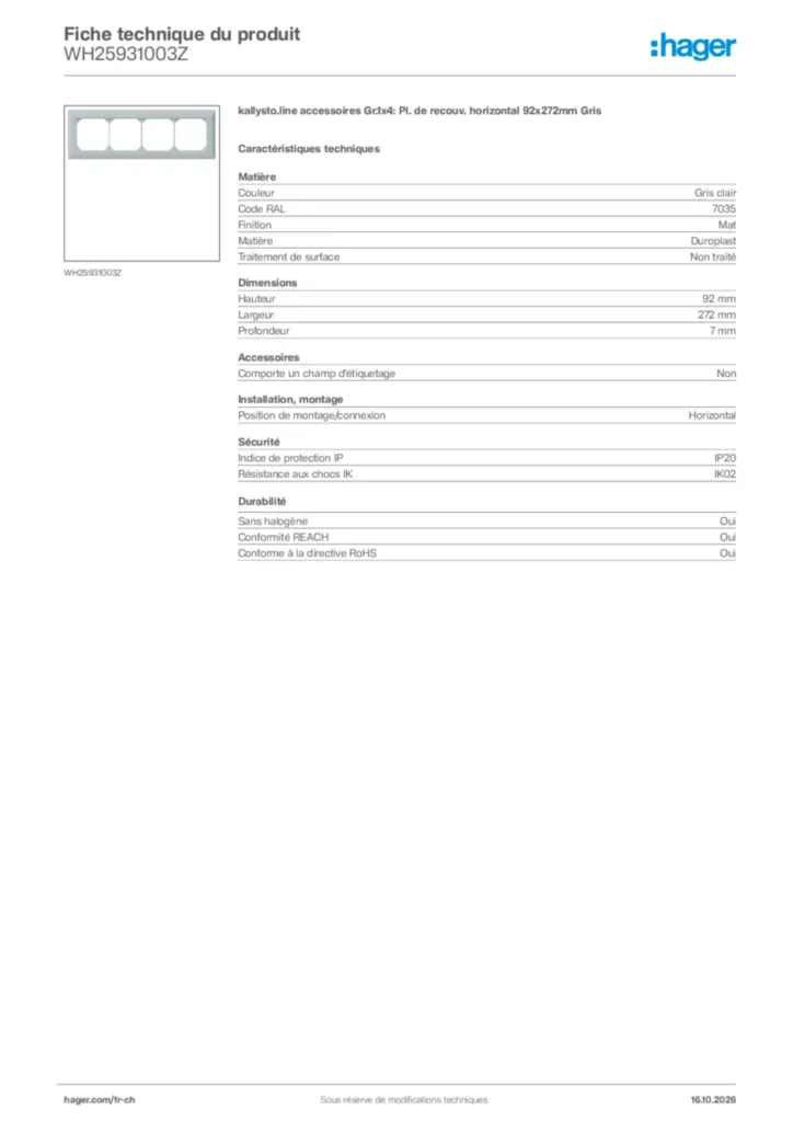 Image Hager Fiche technique du produit WH25931003Z | Hager Suisse