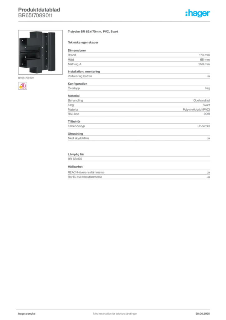 Bild Hager Produktdatablad BR6517089011 | Hager Sverige