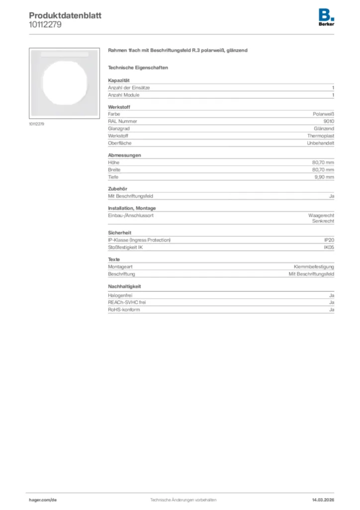 Bild Berker Produktdatenblatt 10112279 | Hager Deutschland