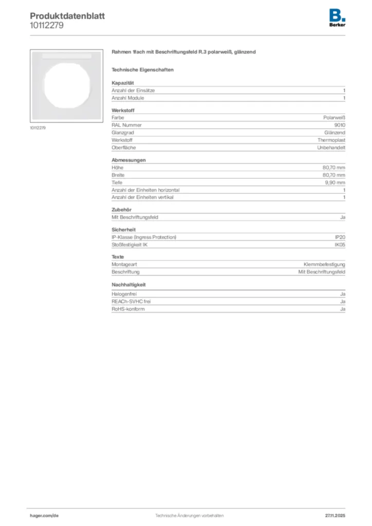 Bild Berker Produktdatenblatt 10112279 | Hager Deutschland